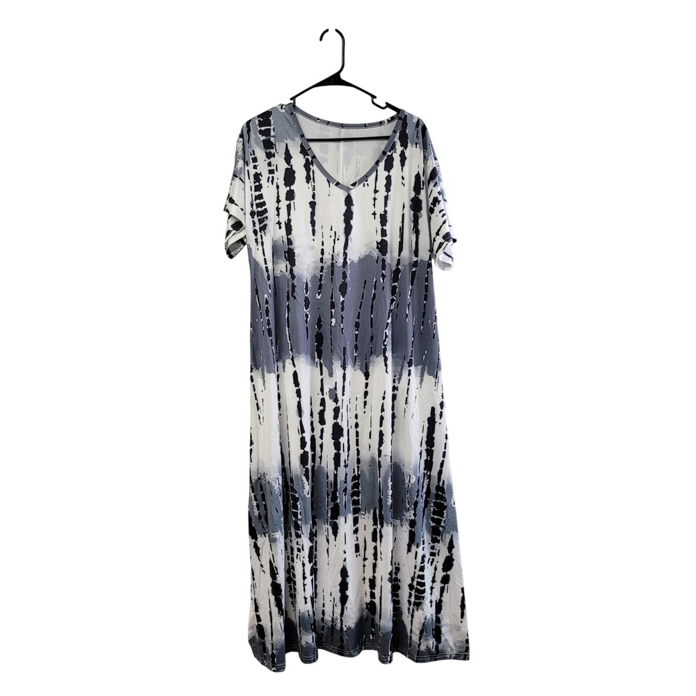 Women Unbranded Tie Dye V-Neck Maxi Dress Grey White Short Sleeve Casual
